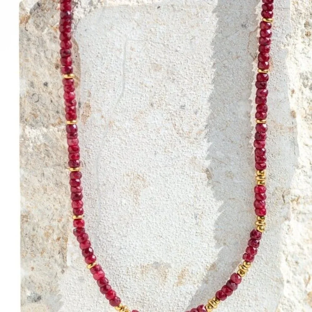 Ruby Beaded Necklace Gold Waterproof Chain July Birthstone Ruby Gemstone Jewelry - Picture 8 of 14
